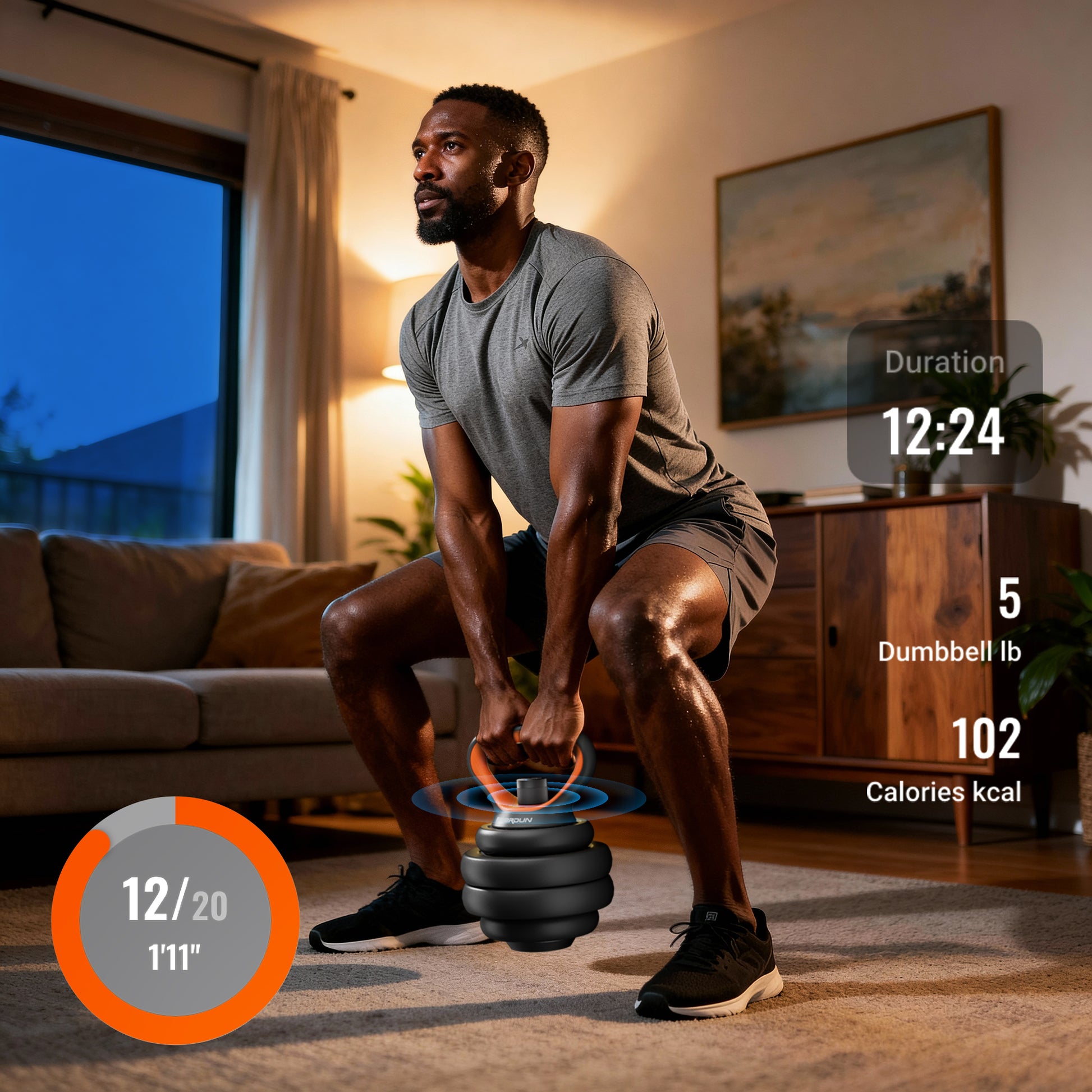 Man exercising with a dumbbell in a living room setting, with fitness metrics displayed on screen.
