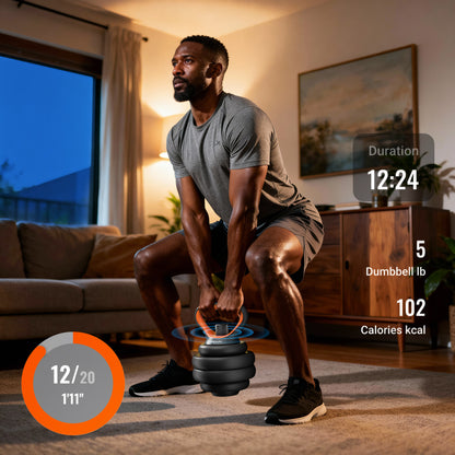 Man exercising with a dumbbell in a living room setting, with fitness metrics displayed on screen.