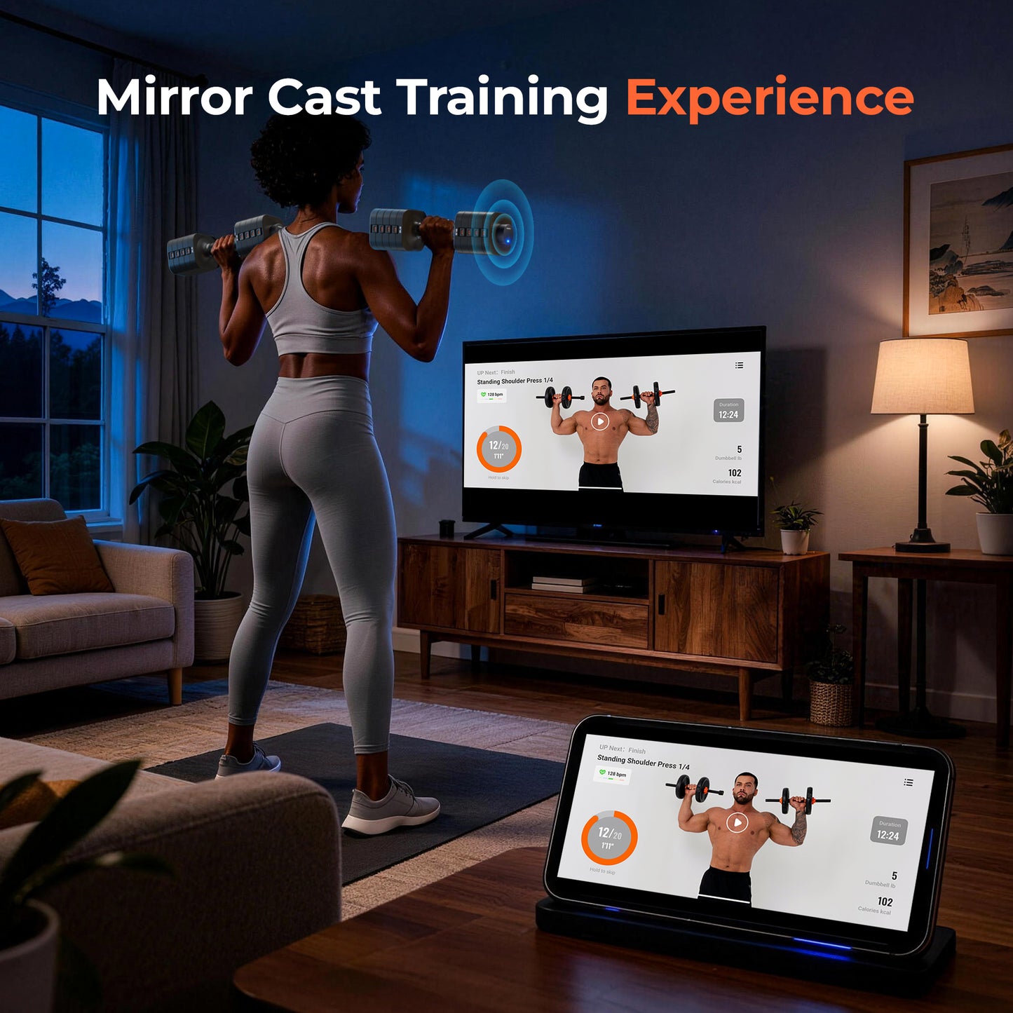 Woman exercising with dumbbells in a living room, using a TV and tablet for mirror cast training experience.