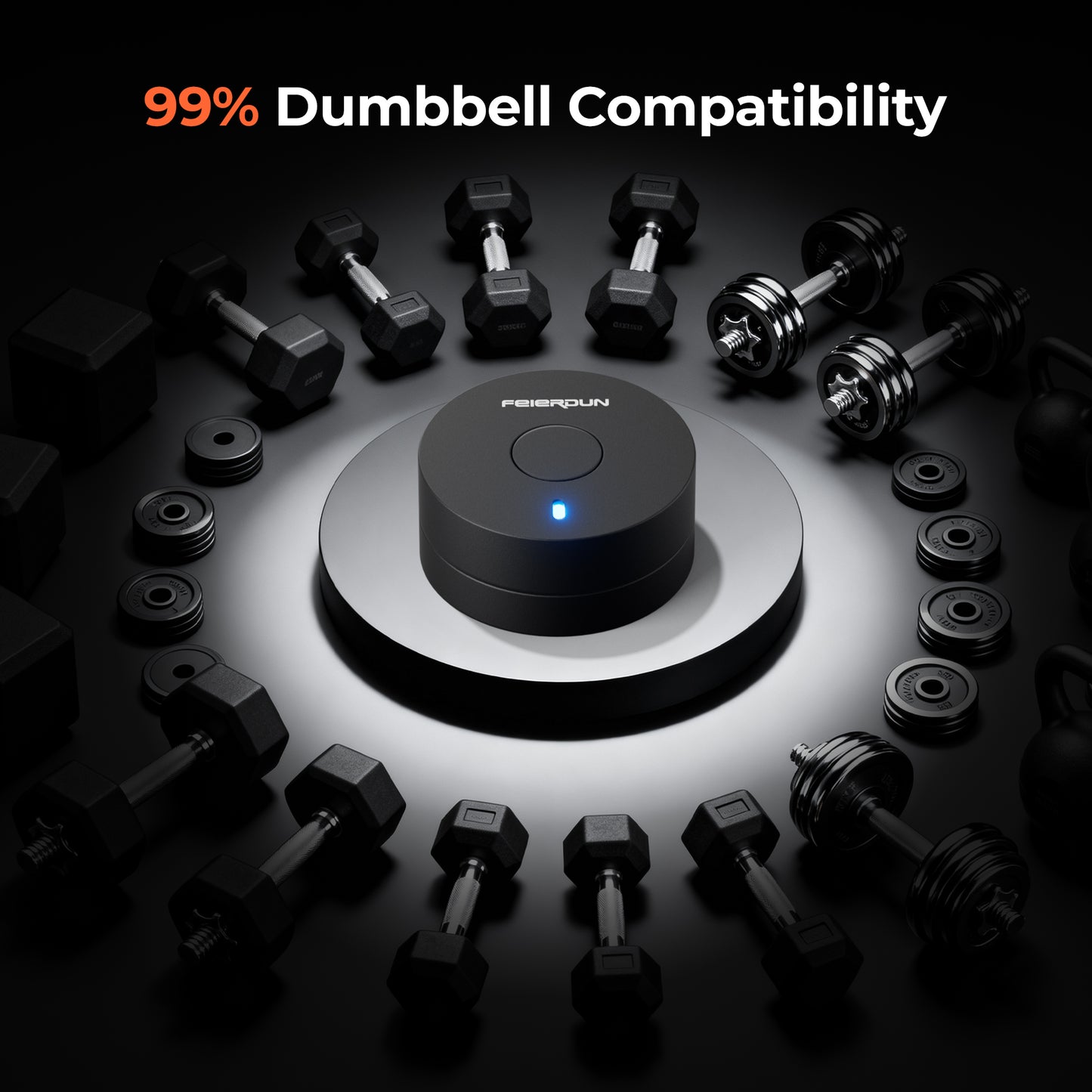 Black device with blue light surrounded by dumbbells on a dark background