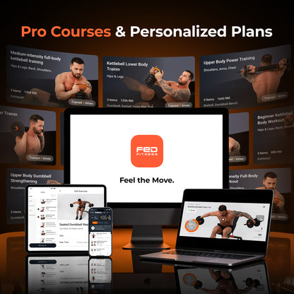 Display of fitness training programs on screens with Fed Fitness logo.