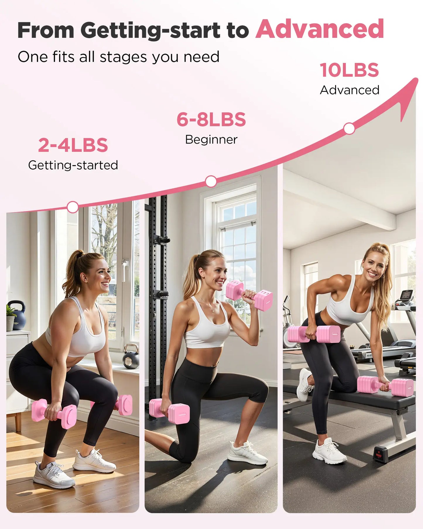 Woman using pink dumbbells at different weight levels in a home gym setting.