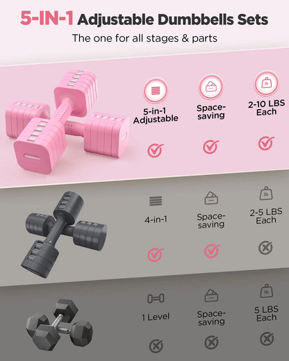 Pink adjustable dumbbells set with features highlighted on a pink and gray background