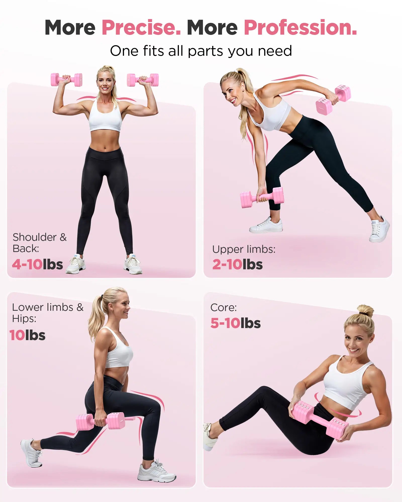 Woman exercising with dumbbells on a pink background, showcasing different exercises and weight ranges.
