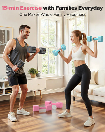 Man and woman exercising with dumbbells in a living room setting.