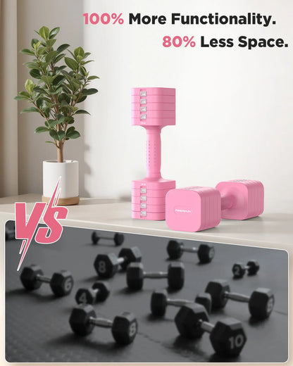 Pink dumbbells on a surface with text comparing space efficiency to black dumbbells.