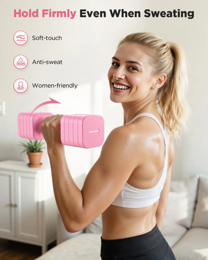 Woman exercising with a pink dumbbell in a home setting, with text highlighting features like soft-touch and anti-sweat properties.