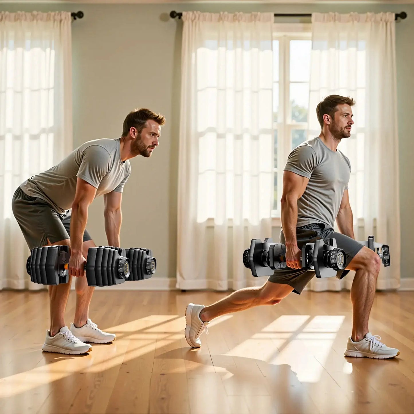 Man exercising with adjustable dumbbells in a home setting