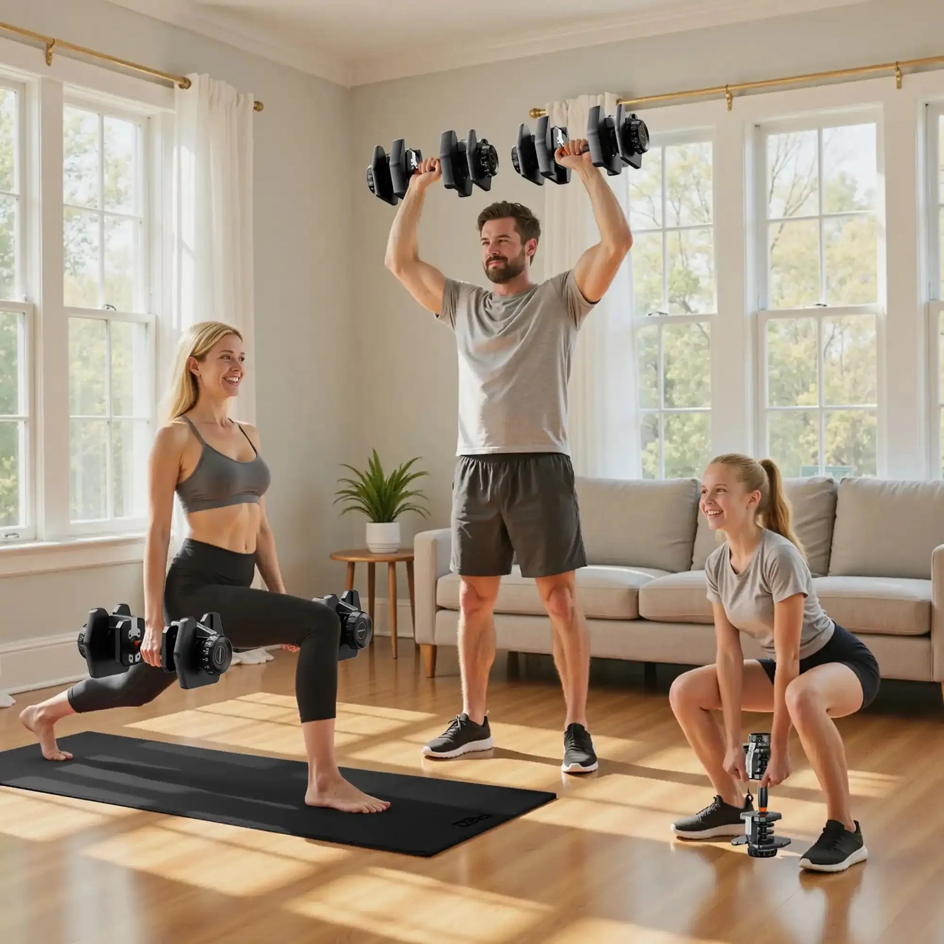 Three people exercising with dumbbells in a living room.