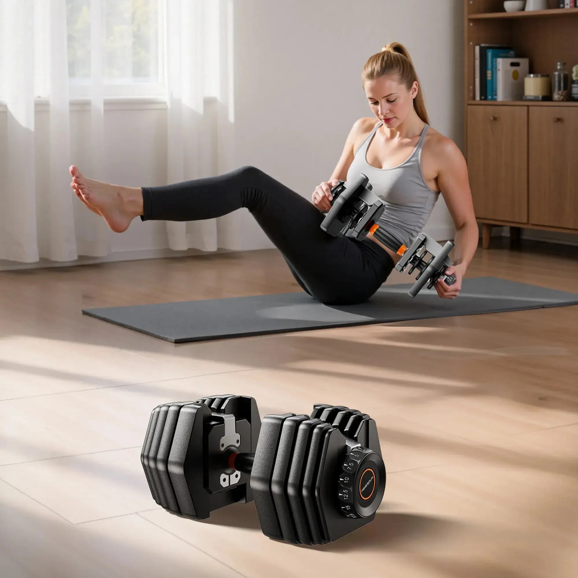 Woman exercising with an ab roller on a mat in a home setting, with dumbbells in the foreground.