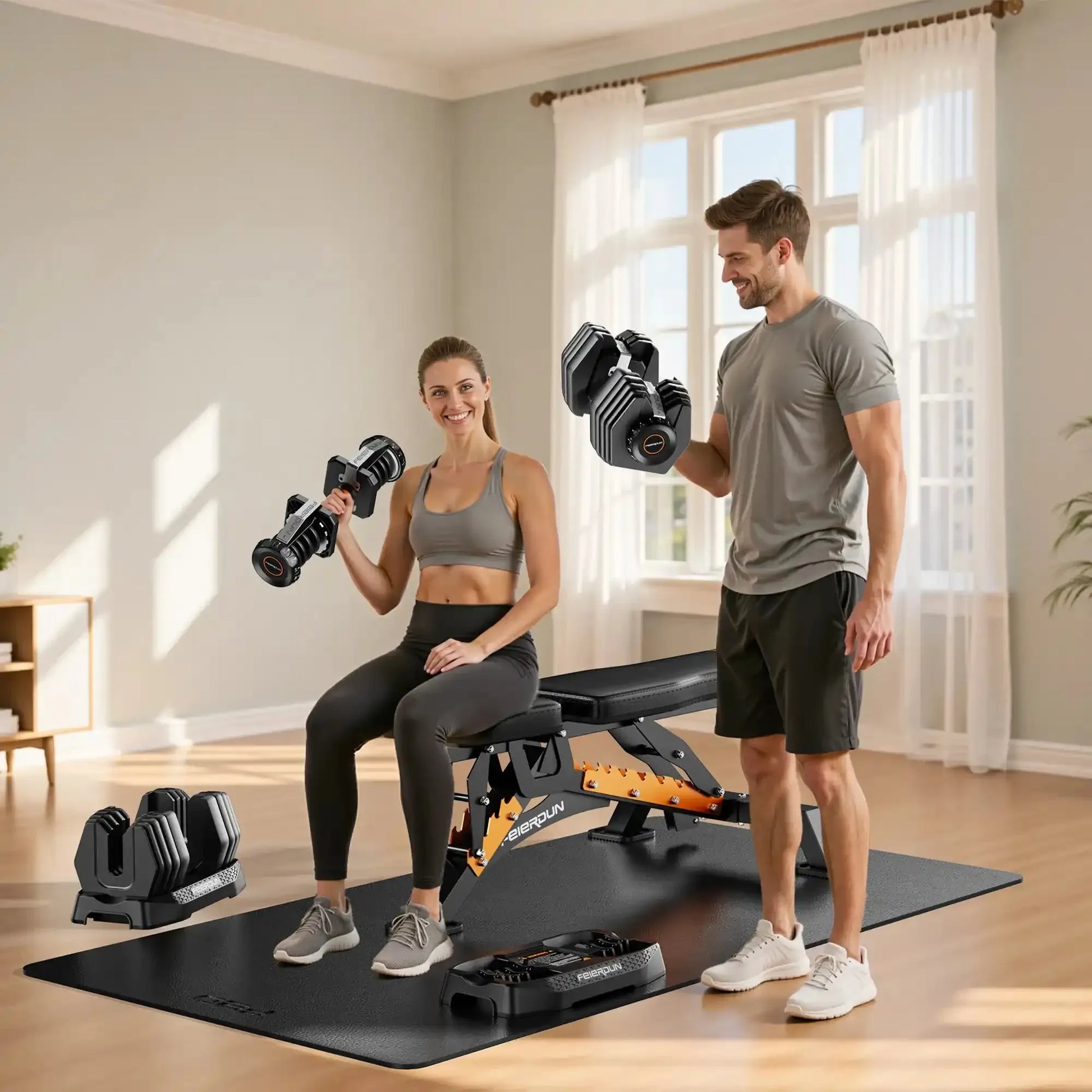 Man and woman exercising with dumbbells on a home fitness setup.