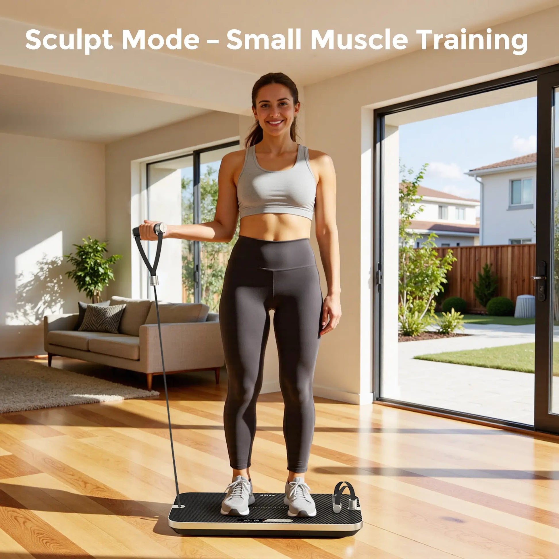 Woman using a small muscle training device in a bright living room.