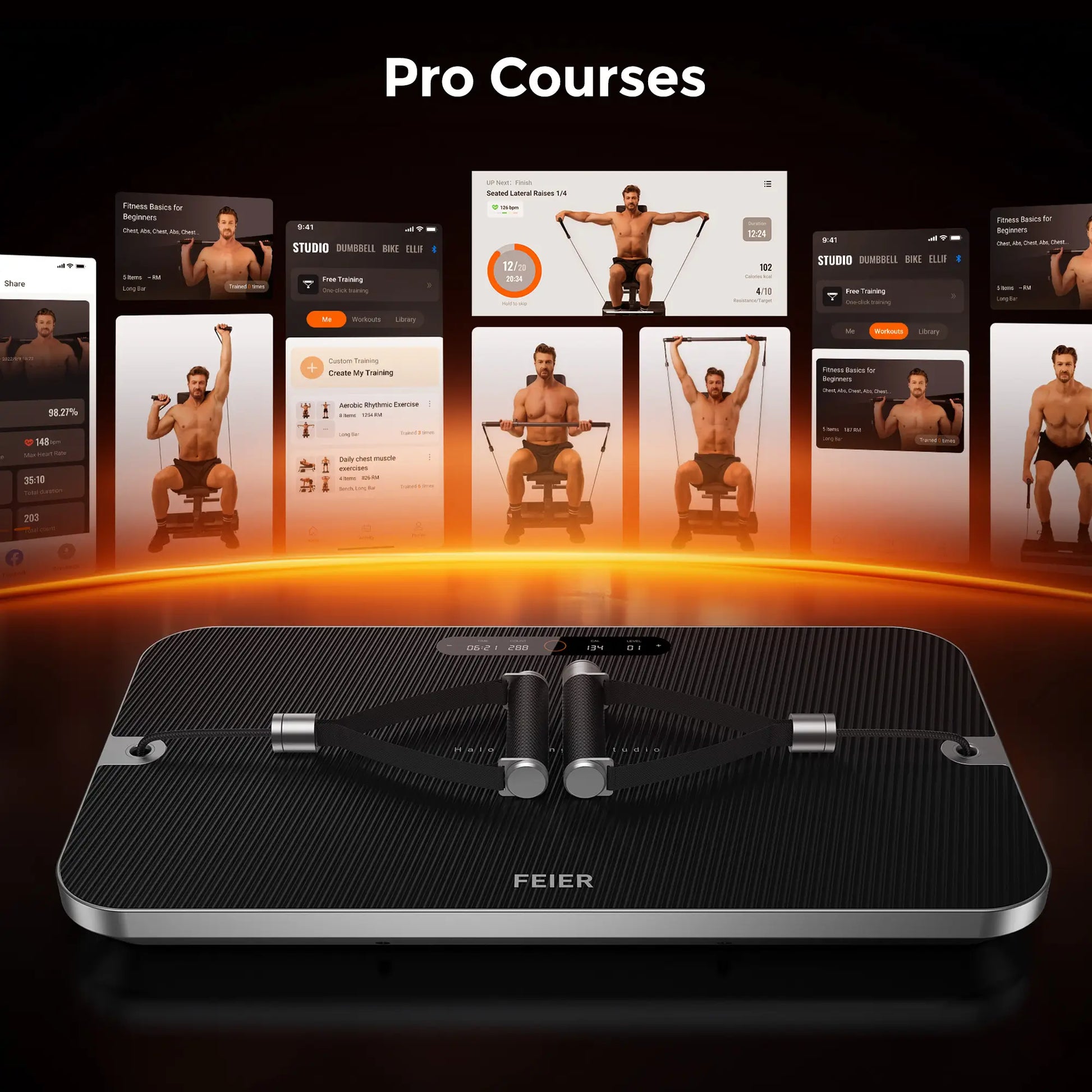 Feier fitness device with digital interface displaying workout courses on a dark background