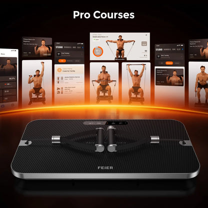 Feier fitness device with digital interface displaying workout courses on a dark background