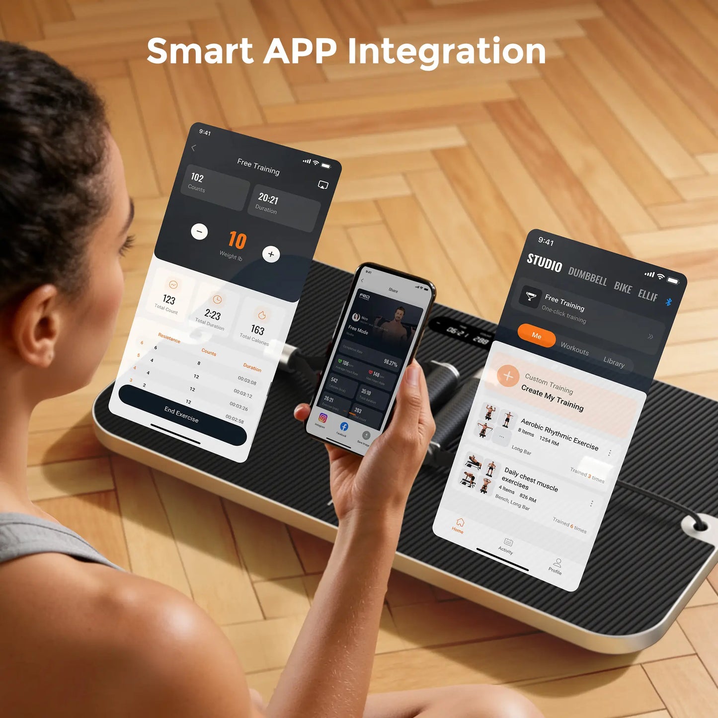 Person using a smart scale with multiple smartphone screens displaying app interfaces on a wooden floor.