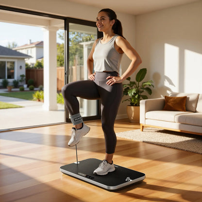 Woman exercising on a vibration plate in a home setting