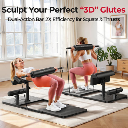 Two women using a fitness equipment in a home setting with text about '3D' glutes sculpting.