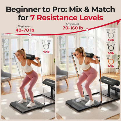 Woman using resistance training equipment with text indicating resistance levels.