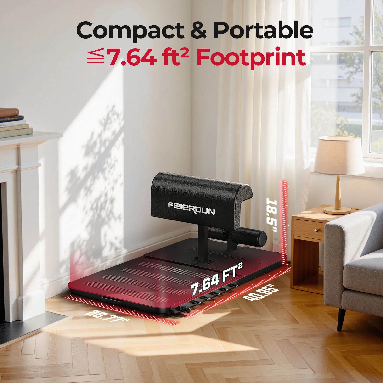 Feierdun product on a wooden floor with 'Compact & Portable' text and footprint measurement.