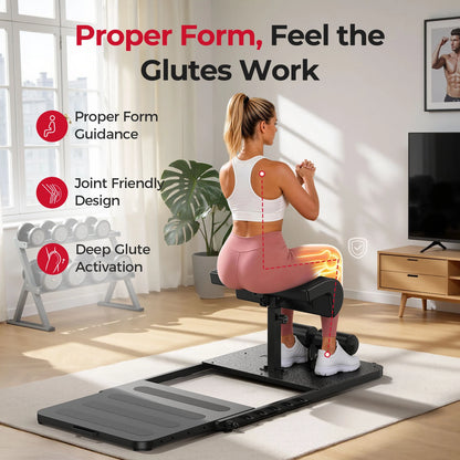 Woman using a fitness device with text on proper form and glutes work in a home setting.