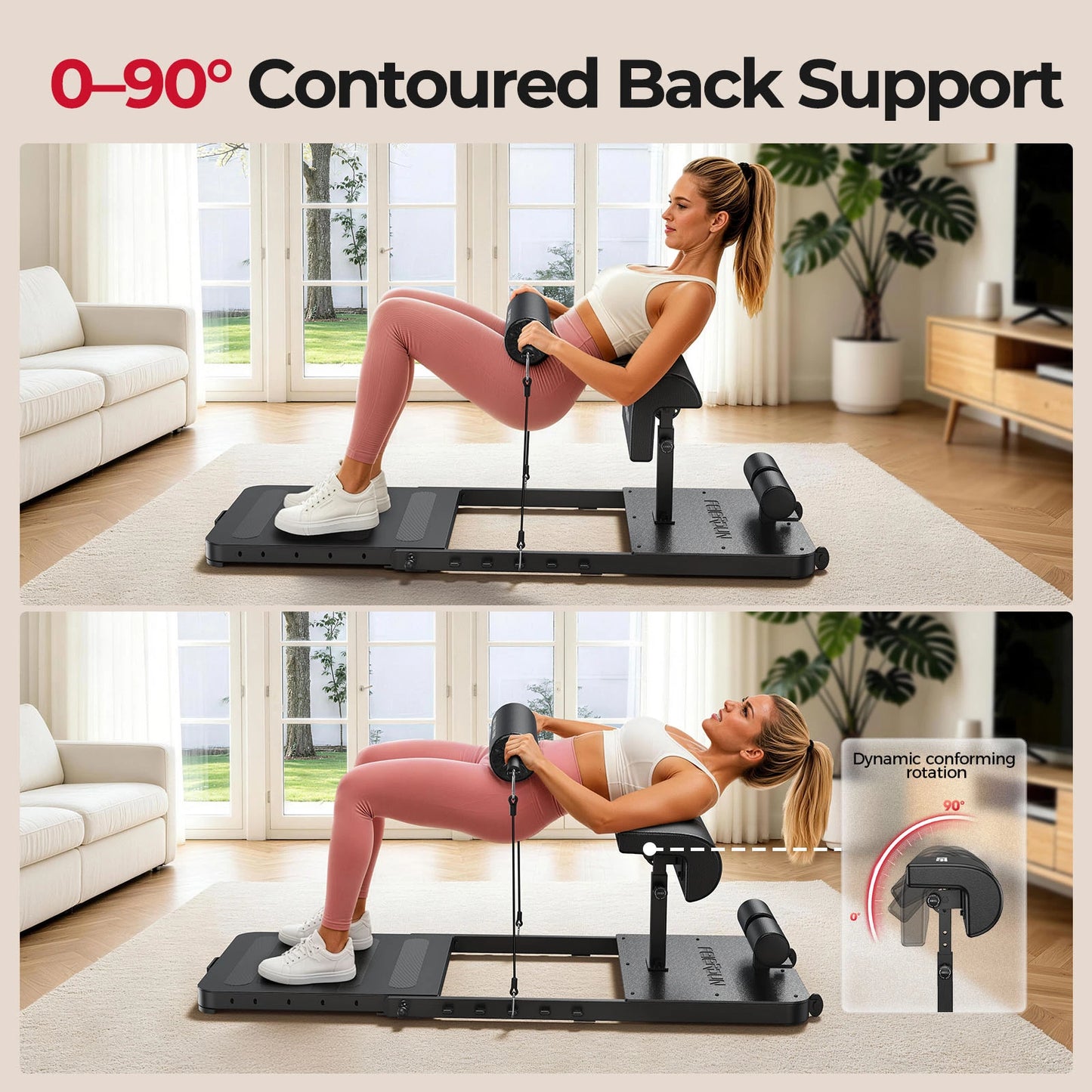 Woman using a home exercise machine with contoured back support in a living room.