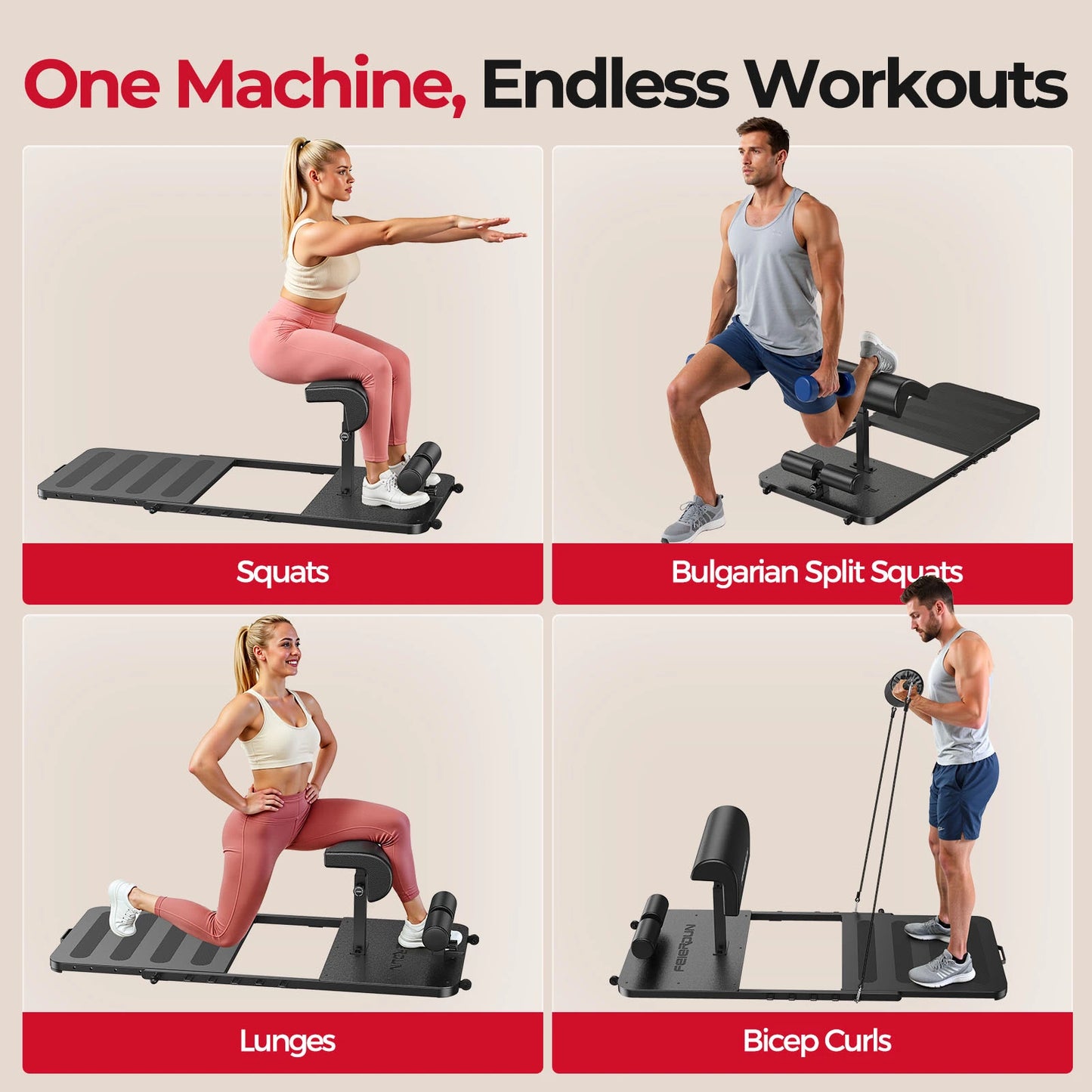 Advertisement for a fitness machine showing various exercises like squats, Bulgarian split squats, lunges, and bicep curls.