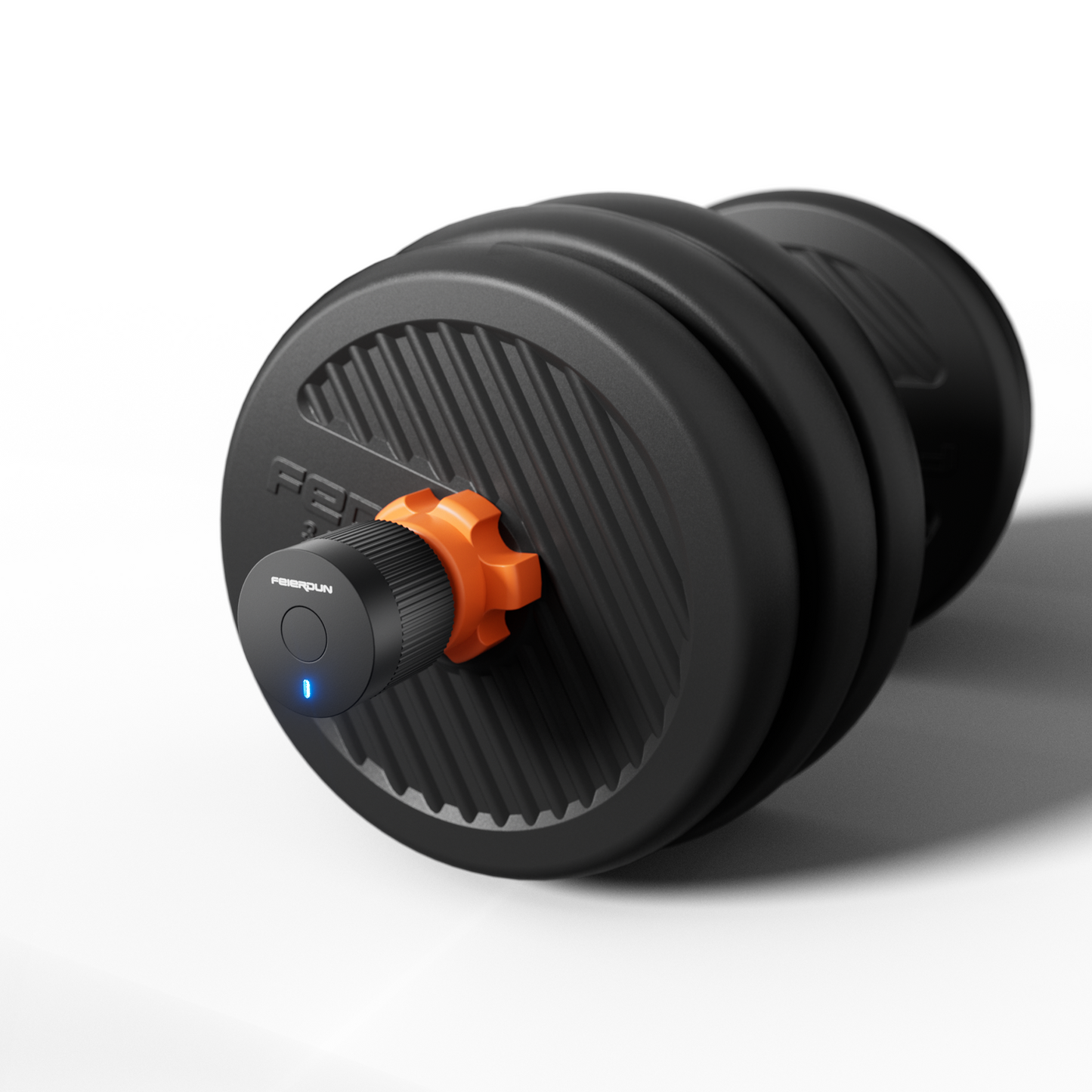 Black adjustable dumbbell with orange adjustment knob on a white background