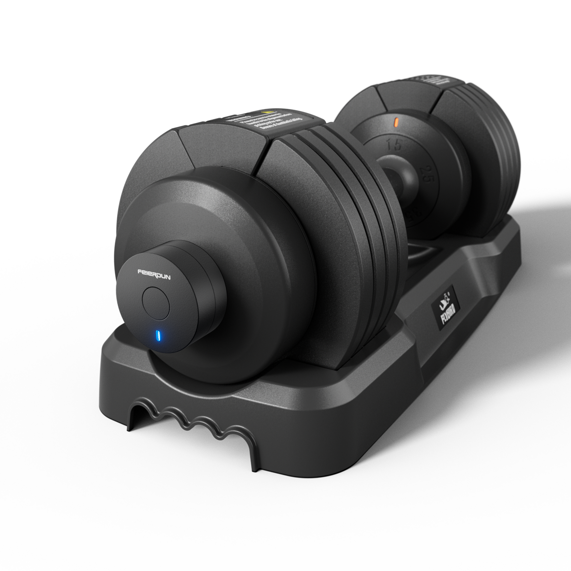 Pair of adjustable dumbbells on a black stand with a white background