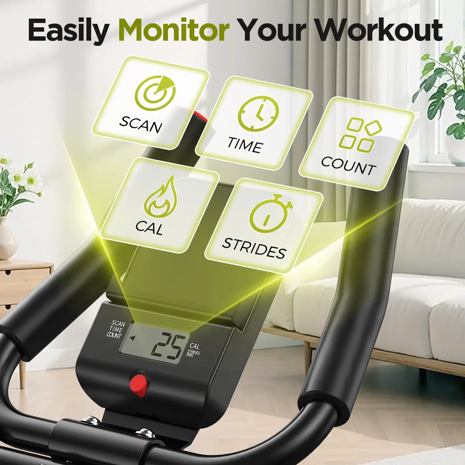 Exercise bike with digital display and icons indicating workout metrics in a home setting.