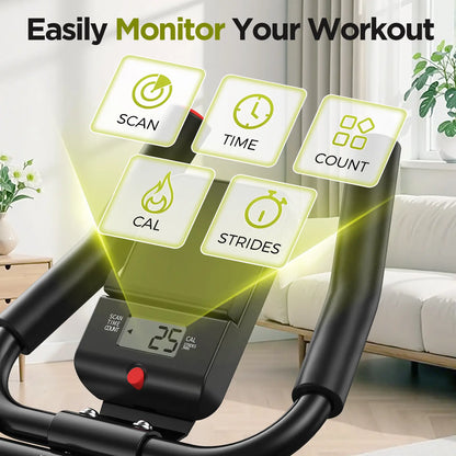 Exercise bike with digital display and icons indicating workout metrics in a home setting.