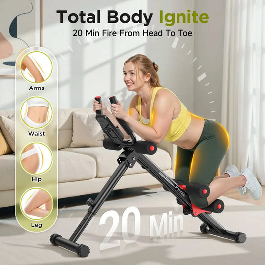 Woman using a home exercise machine with promotional text about a 20-minute workout routine.