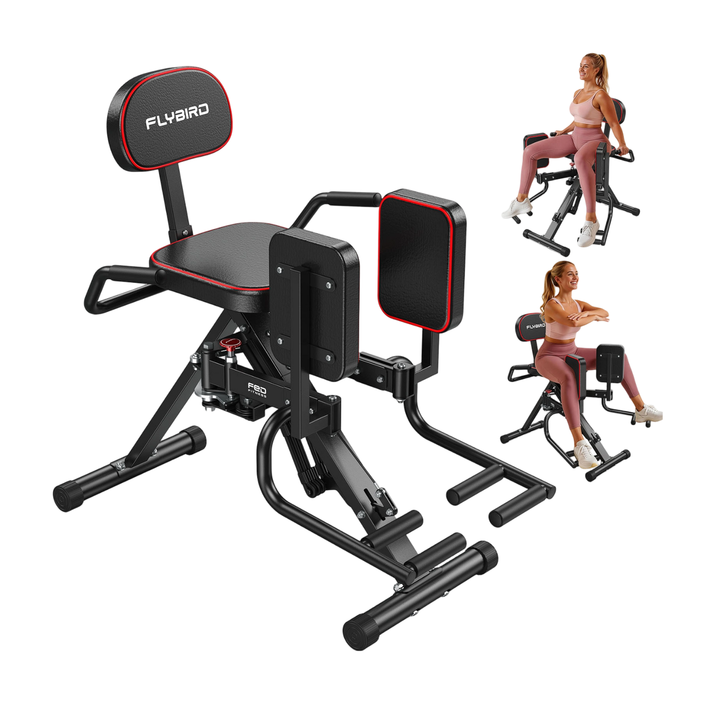 Black and red Flybird exercise machine with a woman using it on a white background