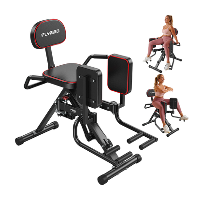 Black and red Flybird exercise machine with a woman using it on a white background