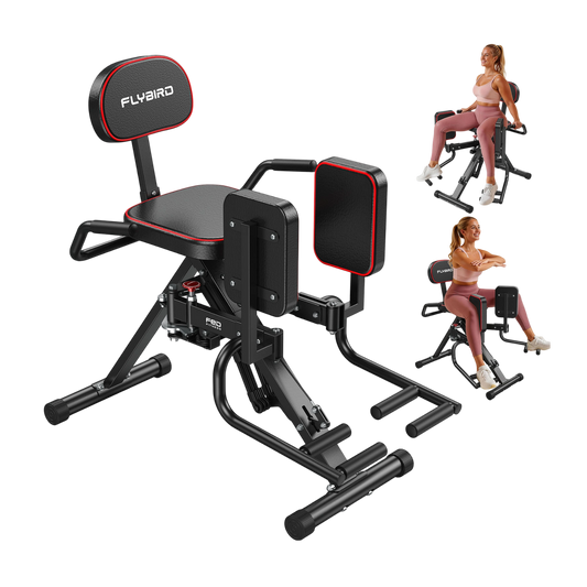 Black and red Flybird exercise machine with a woman using it on a white background
