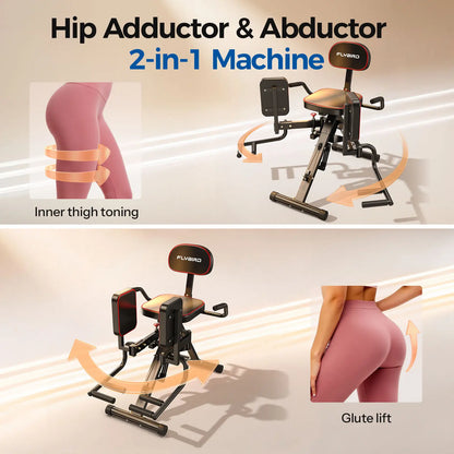 Hip adductor and abductor 2-in-1 machine with images of inner thigh toning and glute lift.