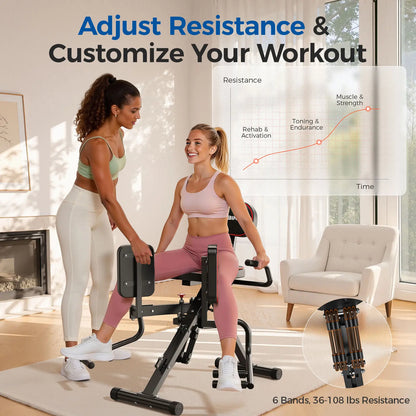 Two women exercising with a resistance band trainer in a home setting.