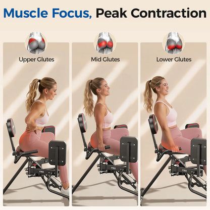 Three stages of a glute workout on a machine with labeled muscle focus.