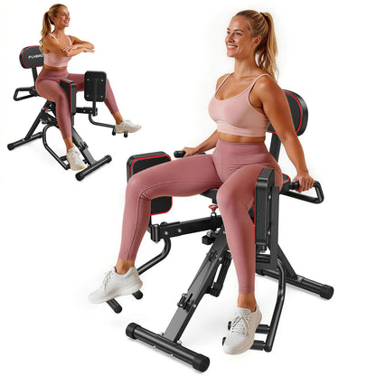 Woman exercising on a black exercise machine with a white background
