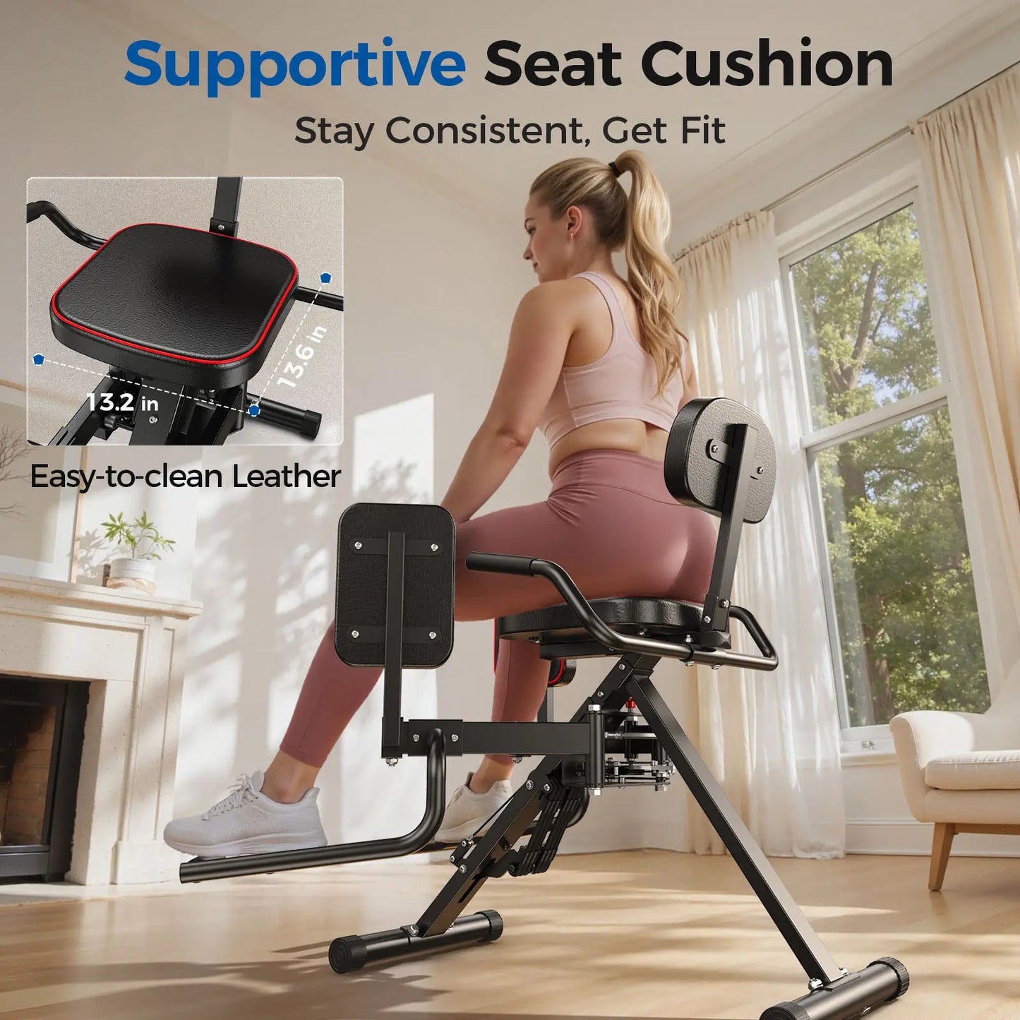 Woman using a home exercise bike with supportive seat cushion features highlighted.