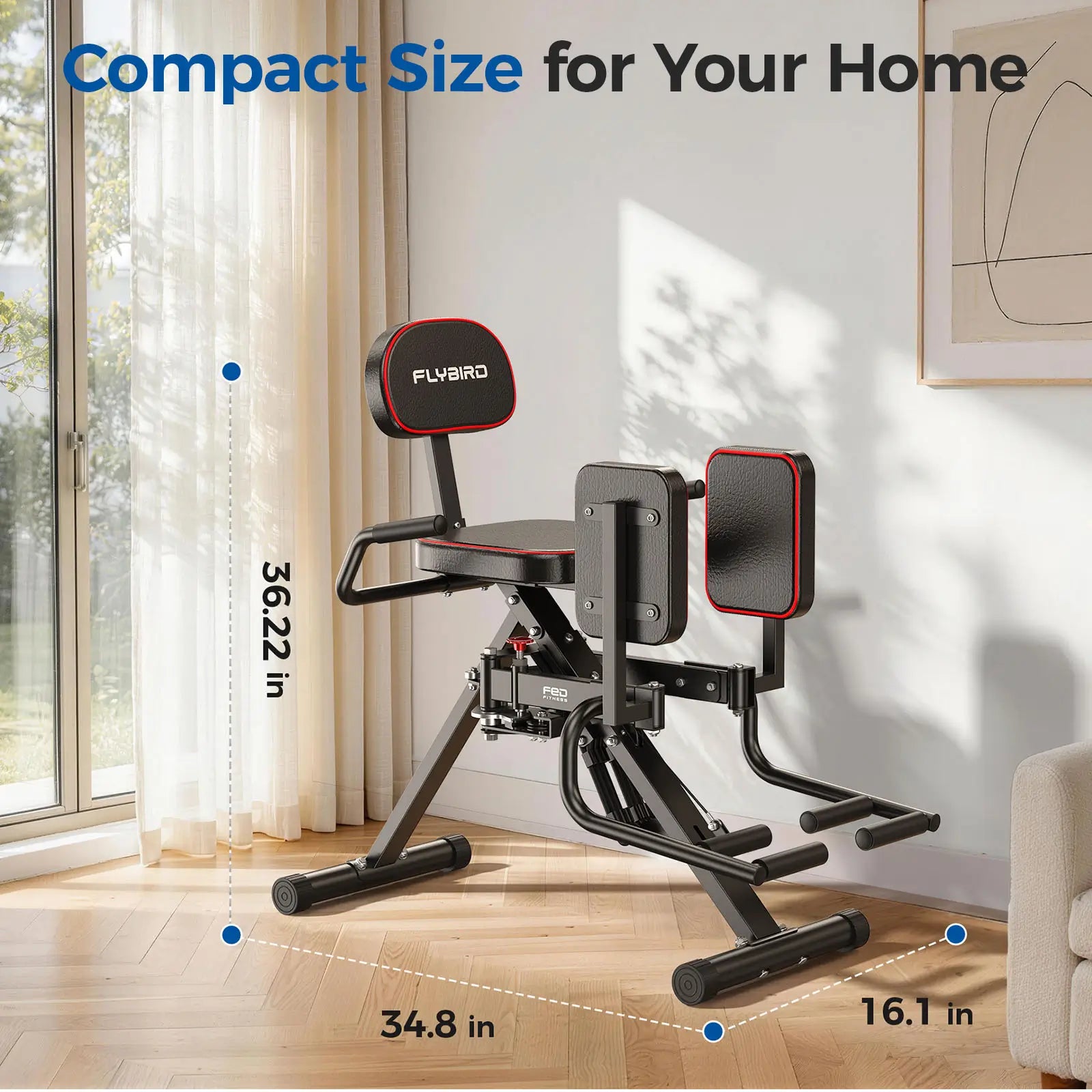 Compact exercise machine with dimensions labeled in a home setting