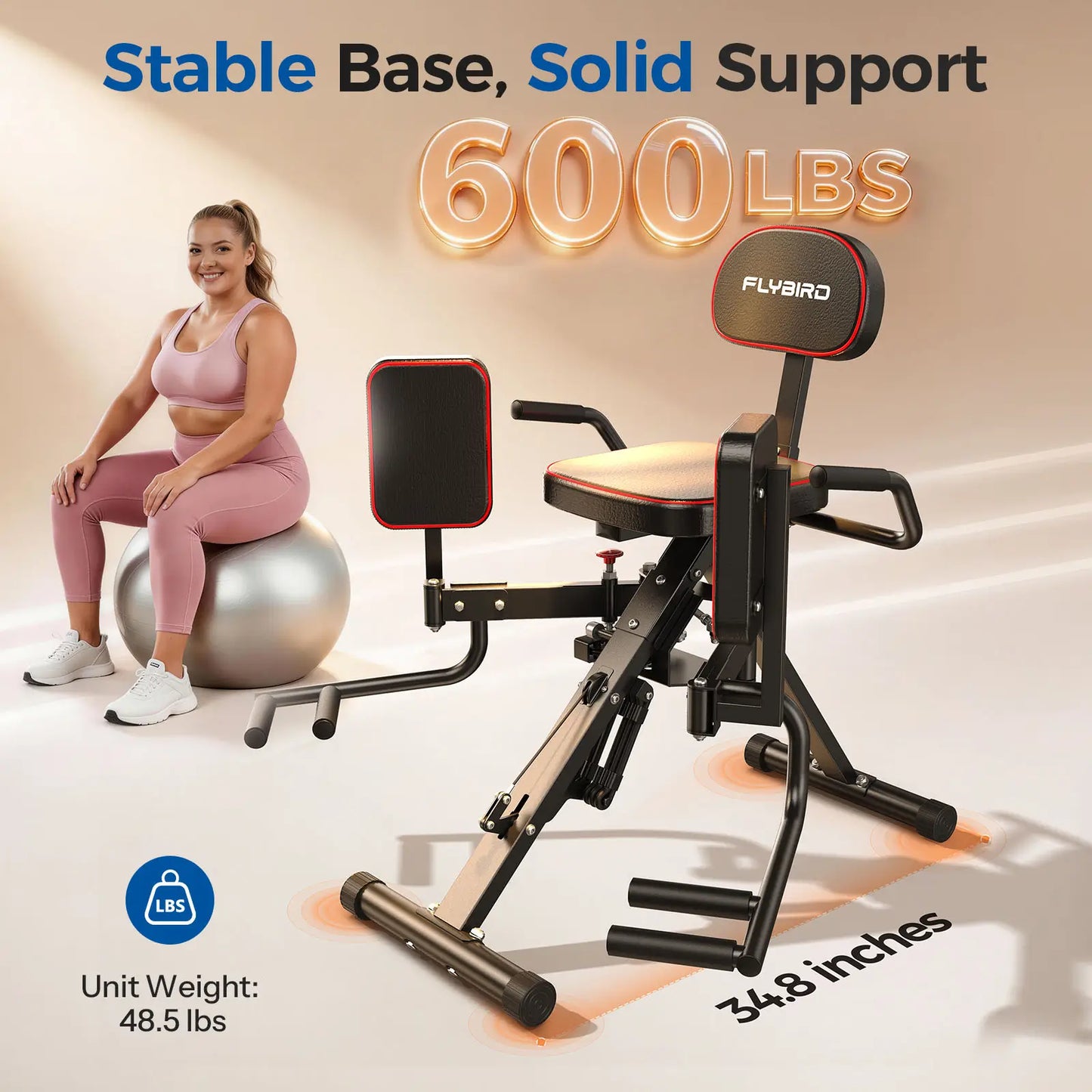Fitness equipment with a woman on an exercise ball, highlighting stability and support features.