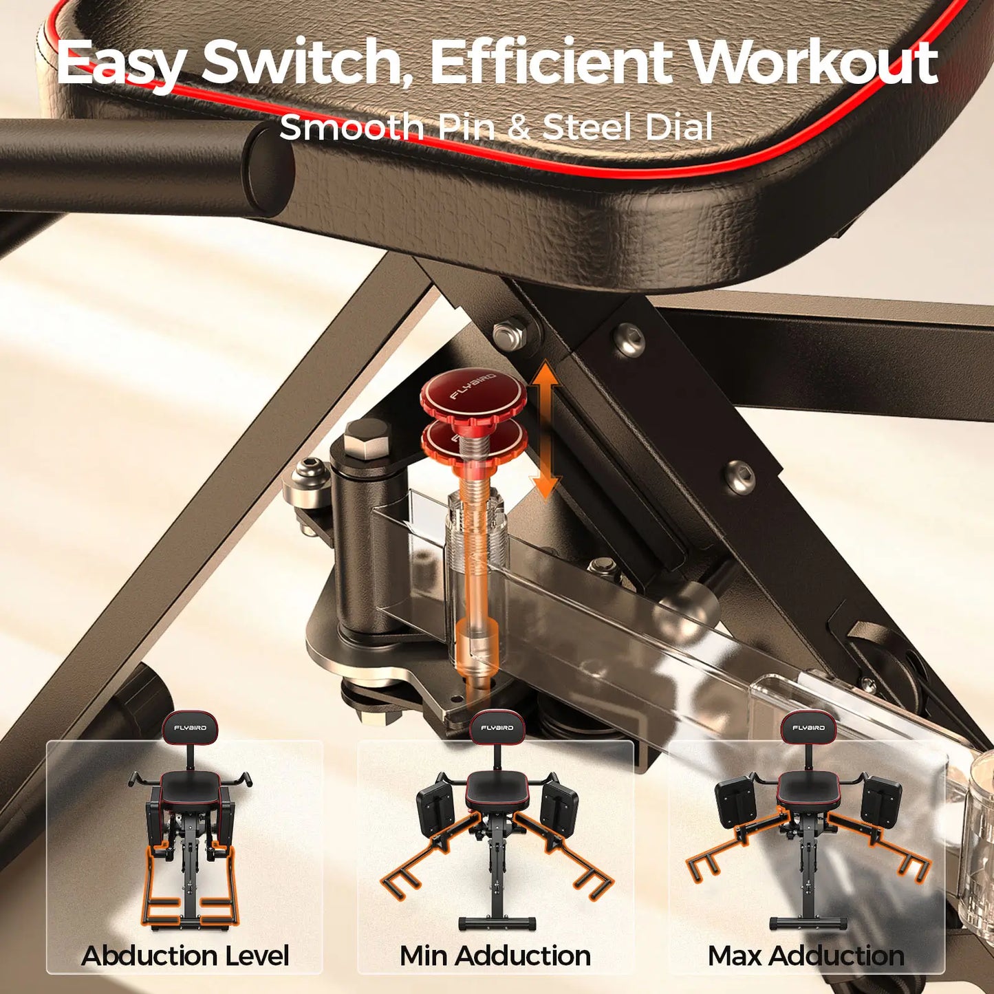 Exercise machine with smooth pin and steel dial mechanism, showing abduction levels.