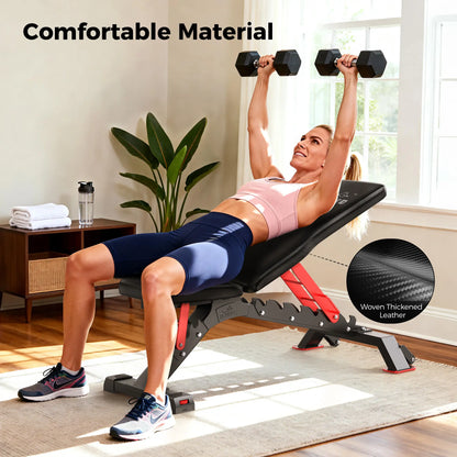Woman exercising with dumbbells on a weight bench in a home setting.