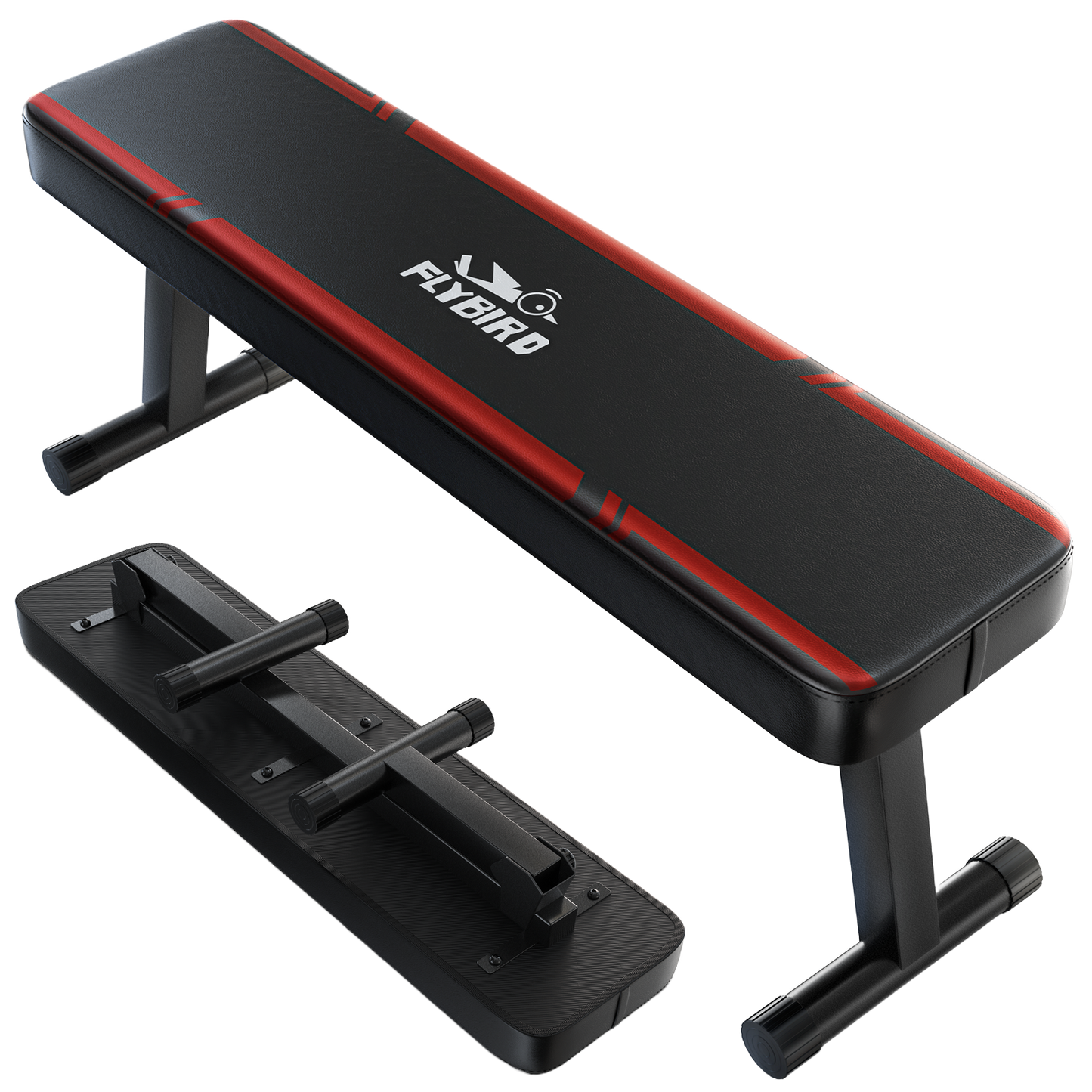 Black and red weight bench with Flybiko branding on a white background