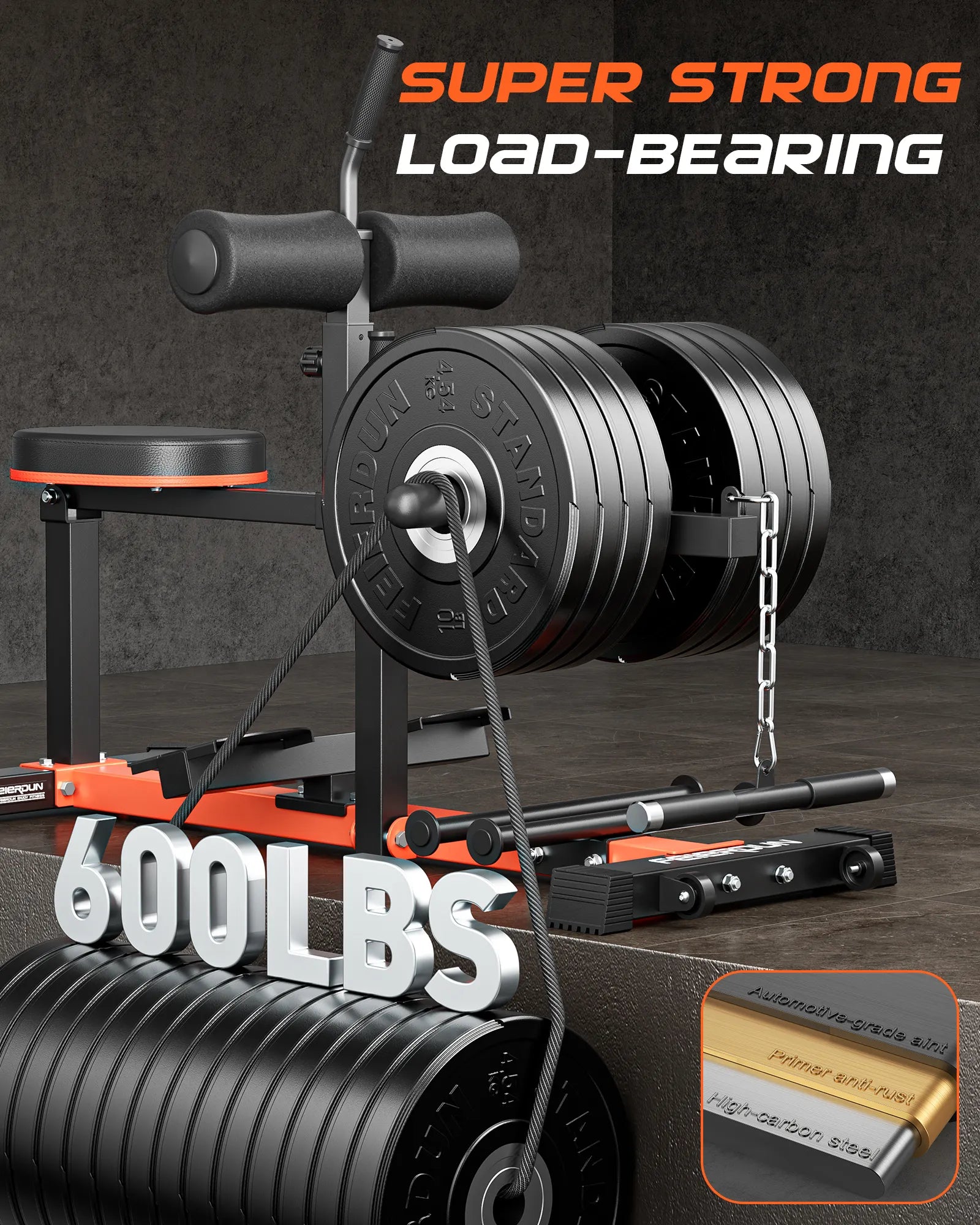 Weightlifting setup with barbell and weights, emphasizing 'Super Strong Load-Bearing' and '600LBS' capacity.