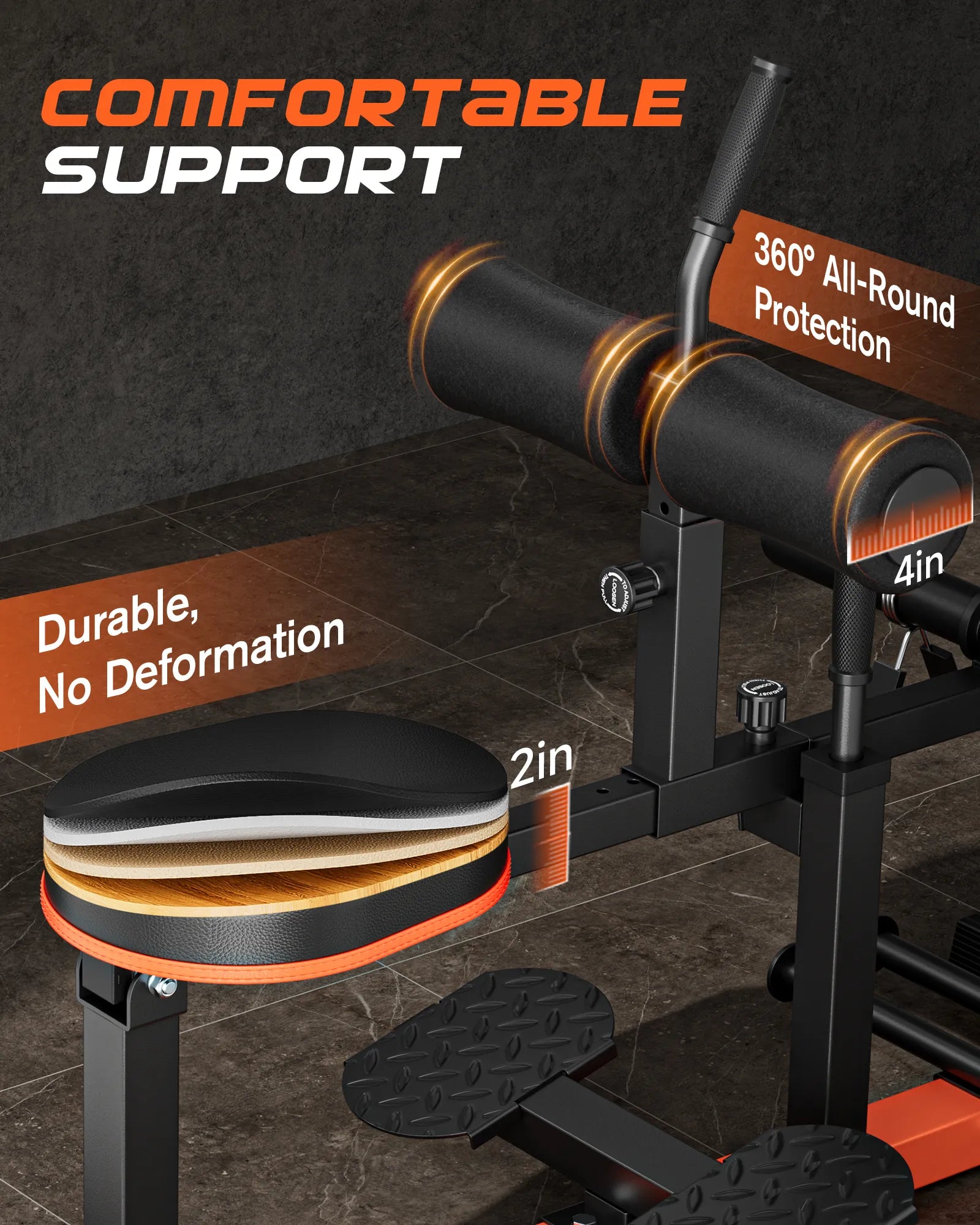 Gym bench with adjustable padding and support features on a dark floor.