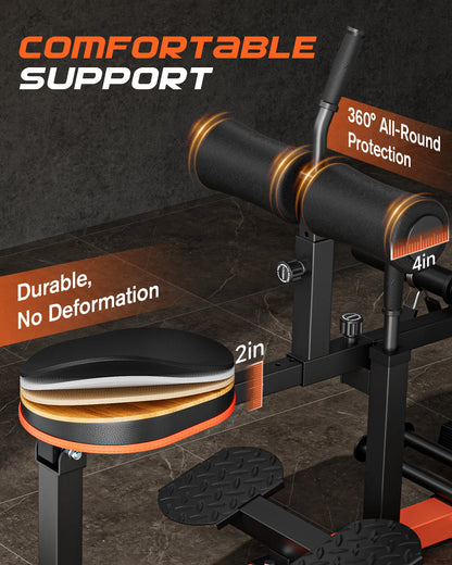 Gym bench with adjustable padding and support features on a dark floor.