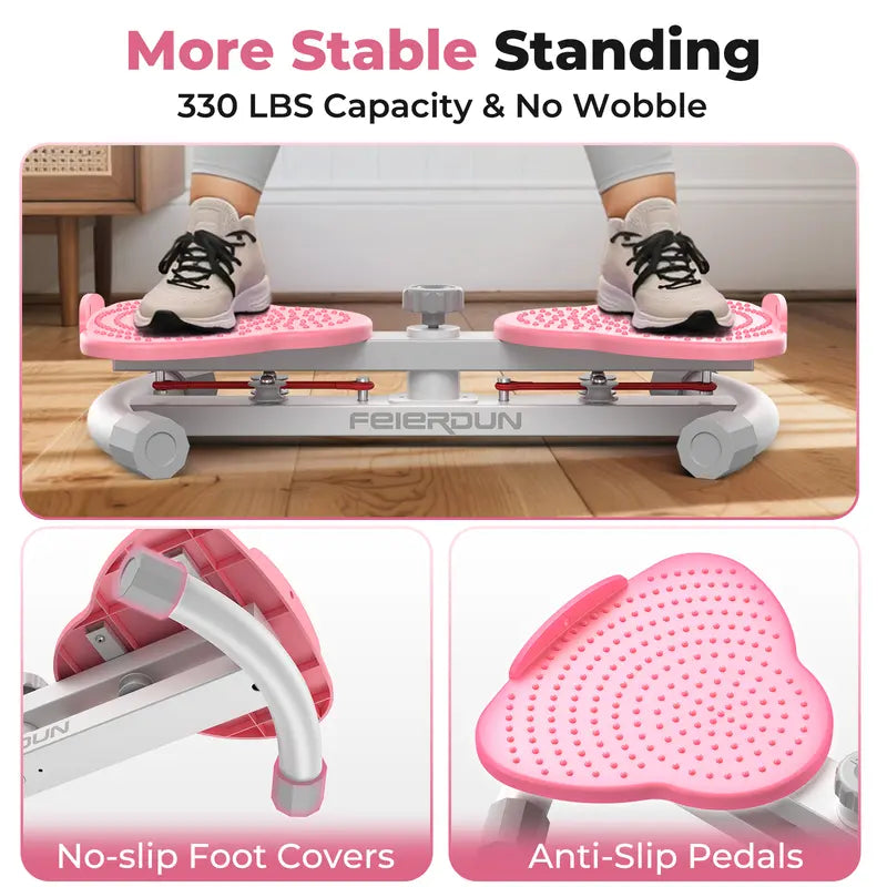 Feierdun step machine with pink anti-slip pedals and no-slip foot covers on a wooden floor.