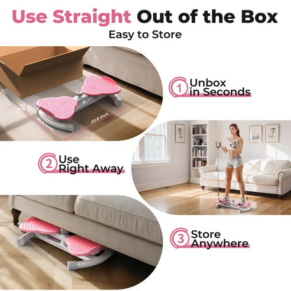 Product advertisement showing a step platform with text on how to use and store it.