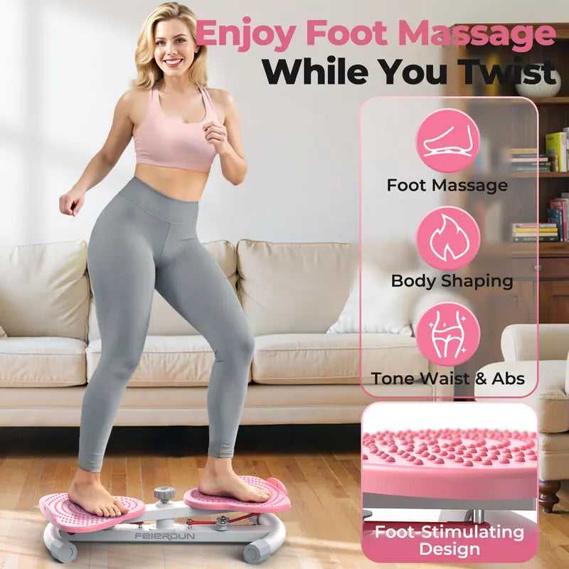 Woman using a foot massager in a living room with text highlighting features.